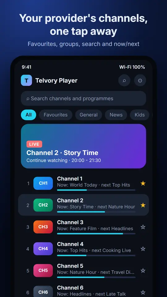 Telvory Player home screen on a phone with a channel list and programme information (sample channels)