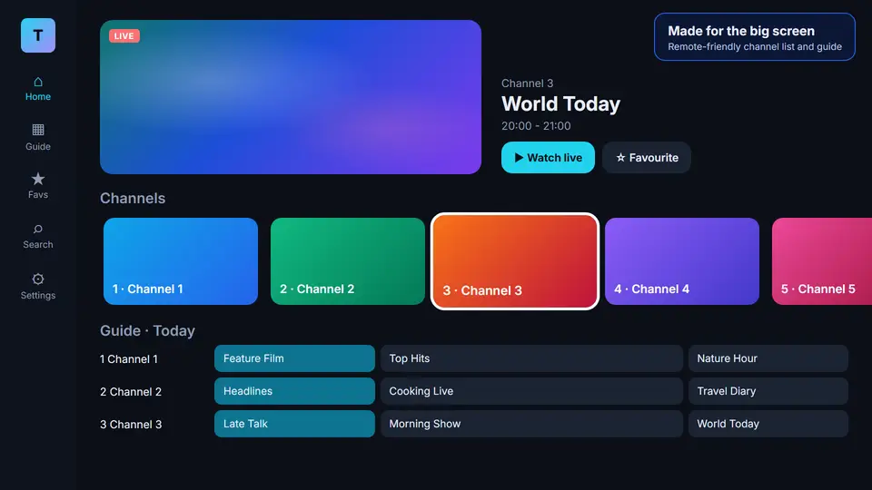 Telvory Player on a TV with a channel row and programme guide (sample channels)