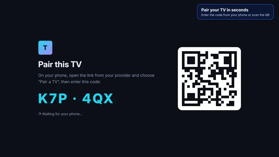 Telvory Player on a TV showing a pairing code