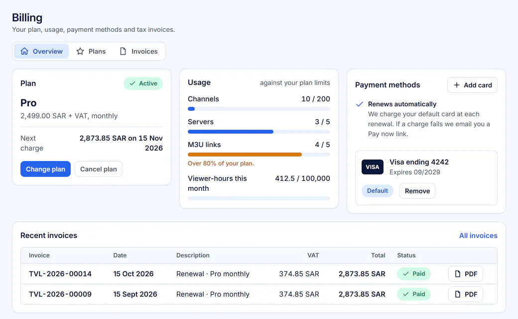 Billing overview: current plan, next charge, usage against plan limits, saved payment card and recent tax invoices.