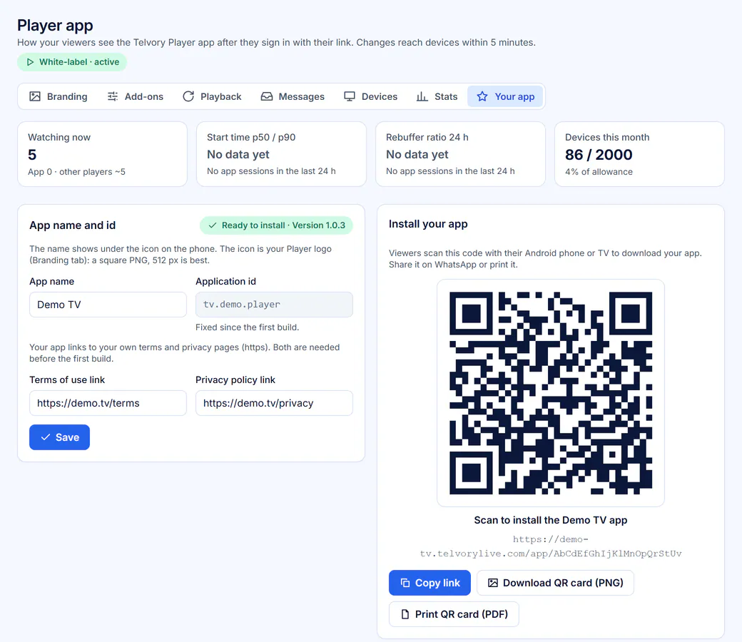 White-label player app: app name and ID, terms and privacy links, and a QR code viewers scan to install the branded Demo TV app.