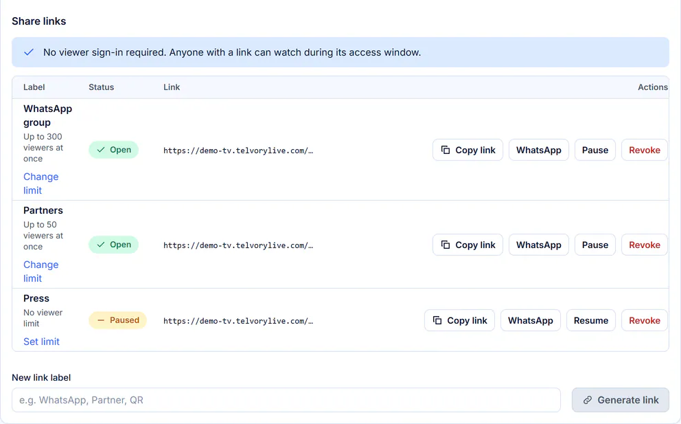 Share links of a broadcast, each with its own viewer limit and status, with Copy link, WhatsApp, Pause and Revoke actions.