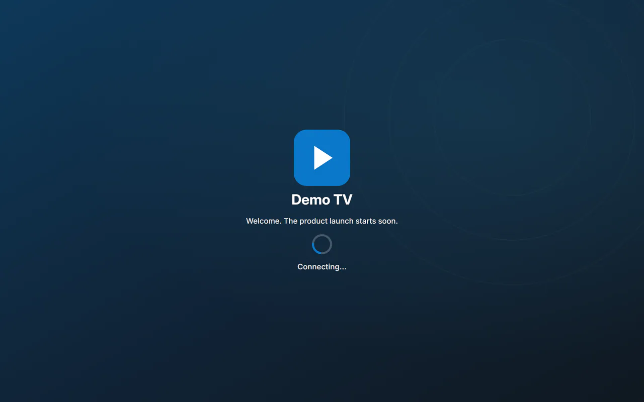 Branded watch page for viewers on a computer: the Demo TV logo, a welcome message and the player connecting.